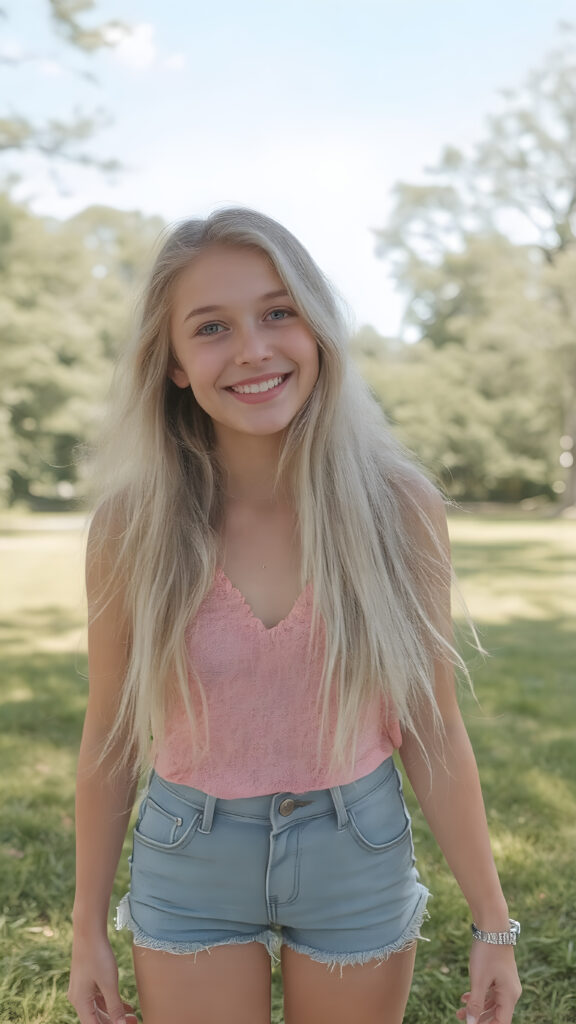 A beautifully drawn (((full body view))), featuring a (((pretty young teen girl))) with straight white teeth and ((perfectly aligned eyes)), dressed in a bright summer day at the park. Her long, flowing white hair cascades down her back, while her slender thighs make her legs stand out against her perfectly proportioned figure. She smiles confidently, with a playful expression that draws attention to her face and perfectly proportioned body, perfectly aligned eyes, and perfectly straight white teeth, the teen is happy and smiling, full body view