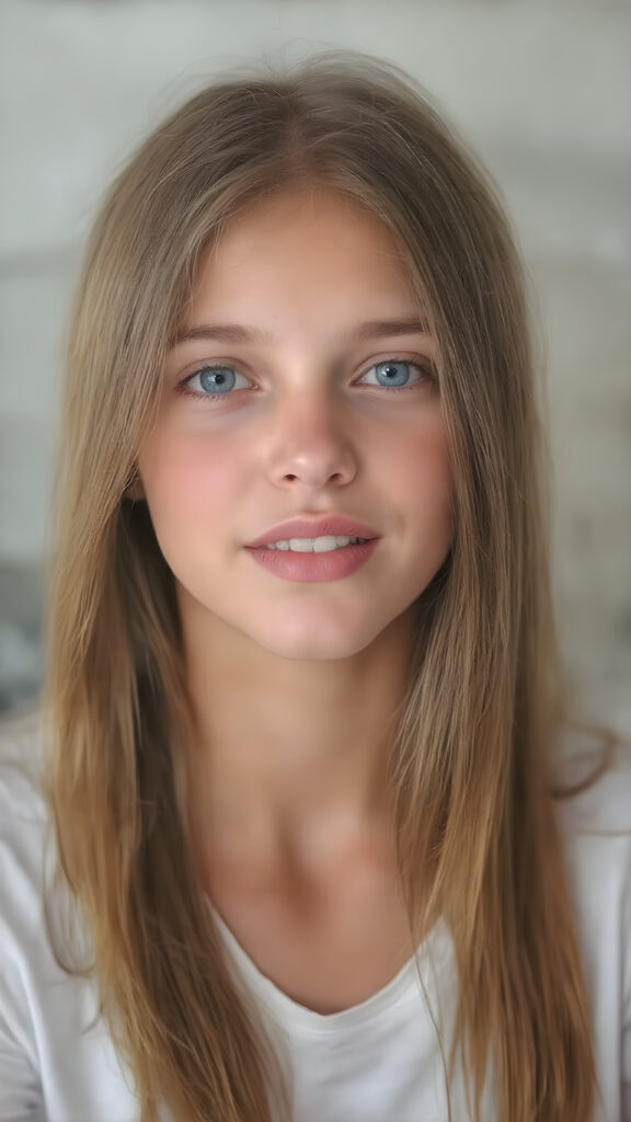 A beautifully drawn in the style of a Oil Painting of a (((young cute girlie))), with straight soft long amber hair, deep blue eyes, round face, which accentuates her perfect collarbones, and a seductive smile that captures the viewer's attention. Her flawless silver skin is visible in full detail, as is her slightly parted lips and piercing gaze, which draws the viewer in for an intimate close-up. Her mouth is slightly open, white teeth, she is wearing a white short t-shirt