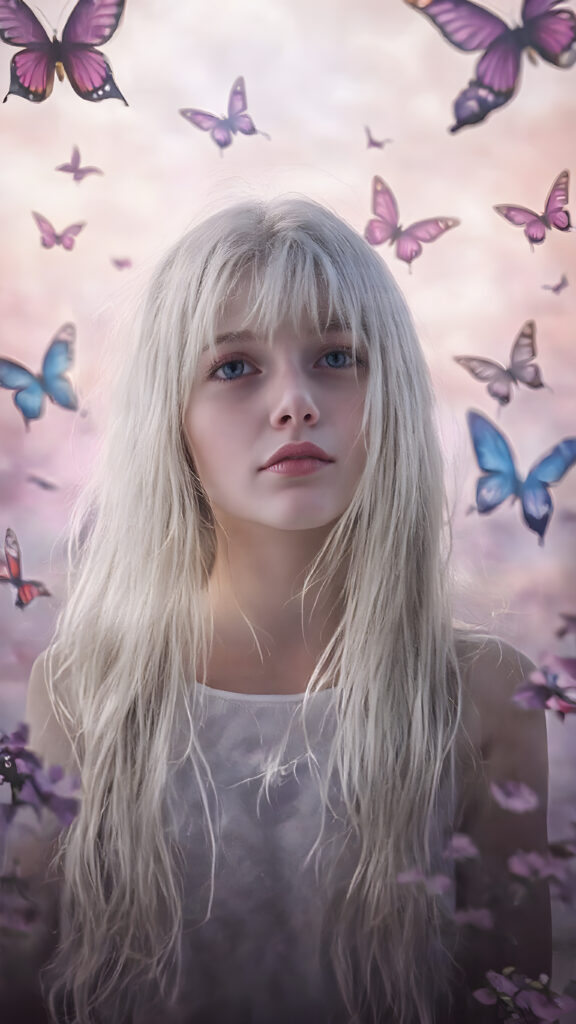 A beautifully drawn (((8K Ultra HD image))), featuring a (((girl with long, flowing white hair and pale skin))), exuding an ethereal glow that radiates from her face. Her expression is one of wonder and awe, as she stands surrounded by a (((floating, colorful butterfly landscape))), with vibrant butterflies in shades of pink, blue, and purple, all framed by a backdrop of (softly glowing, pastel clouds)