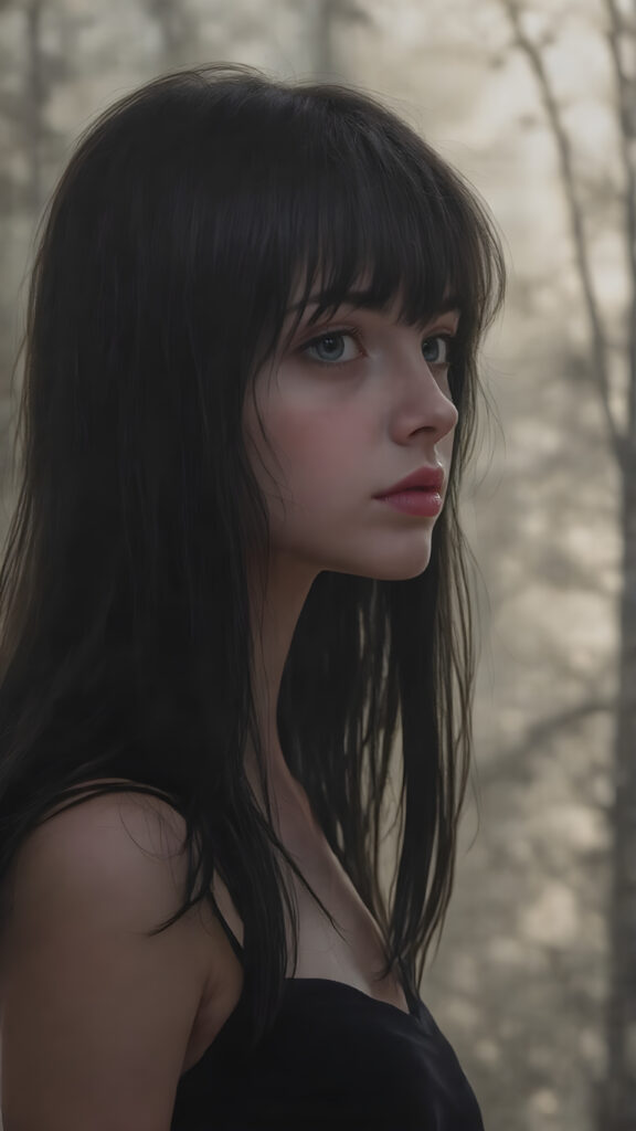 A beautifully drawn (((full body silhouette shot))) of a (((teen girl))) with a slightly (((skinny but athletic build))), featuring (((extra long, flowing obsidian-black hair that extends past her shoulders))) and (((pale skin))), evoking a sense of (((warmth and invitingness))), complemented by (((natural makeup))), (((loose bangs))), and (((a serene expression))) that gives off a feeling of (((being in a misty forest))) where (((the light of the sun shines on her face))), highlighting her delicate features and giving her a whimsically captivating look