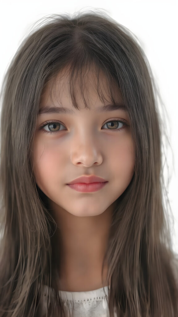 a beautifully photo of a young girl with long, straight black soft hair and piercing brown eyes, round face, full lips, in a serene, natural pose, using a soft, natural light that brings out her youthful features, in 8K resolution, with highly detailed, high-quality coloring that gives off a sense of realism and elegance, white teeth, smile