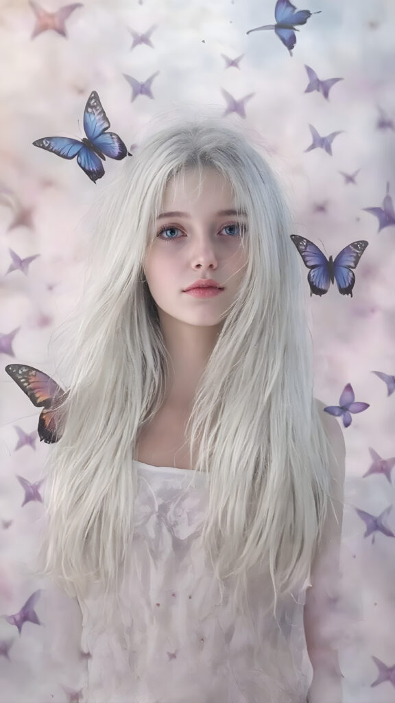 A beautifully drawn (((8K Ultra HD image))), featuring a (((girl with long, flowing white hair and pale skin))), exuding an ethereal glow that radiates from her face. Her expression is one of wonder and awe, as she stands surrounded by a (((floating, colorful butterfly landscape))), with vibrant butterflies in shades of pink, blue, and purple, all framed by a backdrop of (softly glowing, pastel clouds)