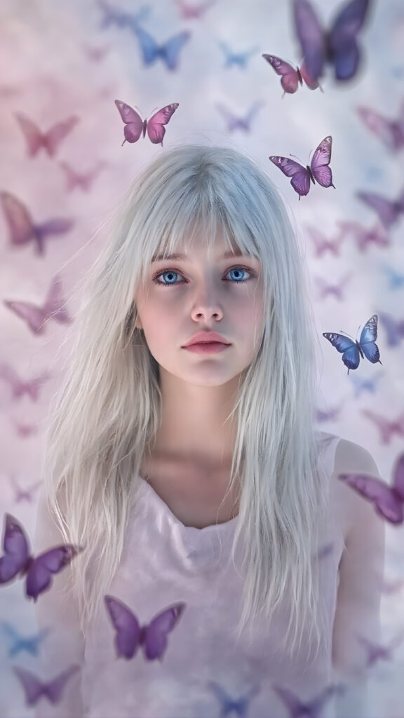 A beautifully drawn (((8K Ultra HD image))), featuring a (((girl with long, flowing white hair and pale skin))), exuding an ethereal glow that radiates from her face. Her expression is one of wonder and awe, as she stands surrounded by a (((floating, colorful butterfly landscape))), with vibrant butterflies in shades of pink, blue, and purple, all framed by a backdrop of (softly glowing, pastel clouds)