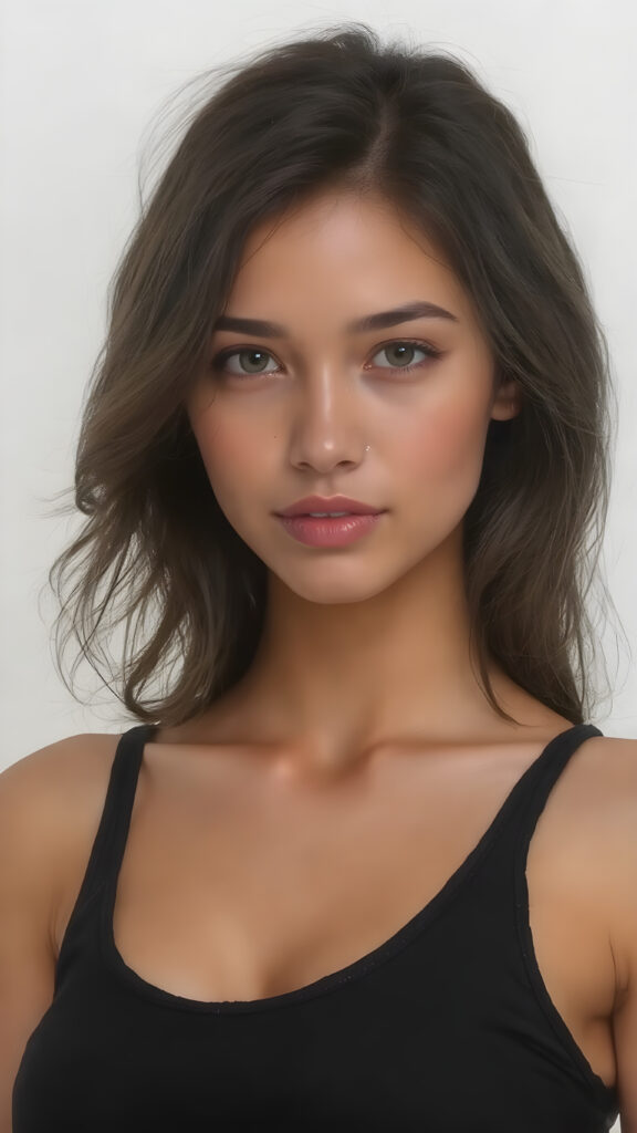 A beautifully drawn in the style of a Oil Painting (((upper body shot))) of a (((young well busty cute girlie))), with flowing soft long black hair, in a very short tight black tank top, deep neck, which accentuates her perfect collarbones, and a seductive smile that captures the viewer's attention. Her flawless skin is visible in full detail, as is her slightly parted lips and piercing gaze, which draws the viewer in for an intimate close-up.