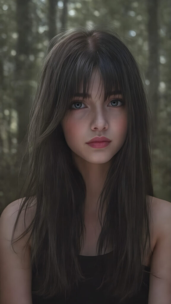 A beautifully drawn (((full body silhouette shot))) of a (((teen girl))) with a slightly (((skinny but athletic build))), featuring (((extra long, flowing obsidian-black hair that extends past her shoulders))) and (((pale skin))), evoking a sense of (((warmth and invitingness))), complemented by (((natural makeup))), (((loose bangs))), and (((a serene expression))) that gives off a feeling of (((being in a misty forest))) where (((the light of the sun shines on her face))), highlighting her delicate features and giving her a whimsically captivating look