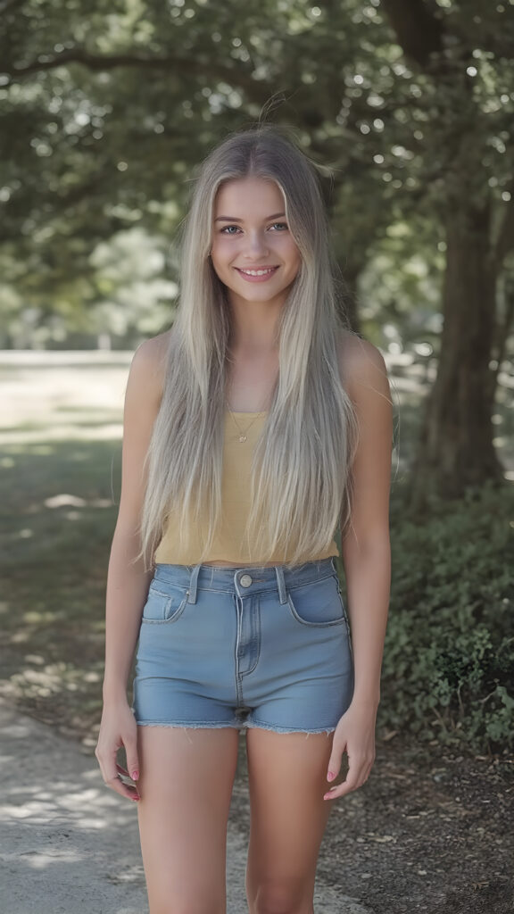 A beautifully drawn (((full body view))), featuring a (((pretty young teen girl))) with straight white teeth and ((perfectly aligned eyes)), dressed in a bright summer day at the park. Her long, flowing white hair cascades down her back, while her slender thighs make her legs stand out against her perfectly proportioned figure. She smiles confidently, with a playful expression that draws attention to her face and perfectly proportioned body, perfectly aligned eyes, and perfectly straight white teeth, the teen is happy and smiling, full body view