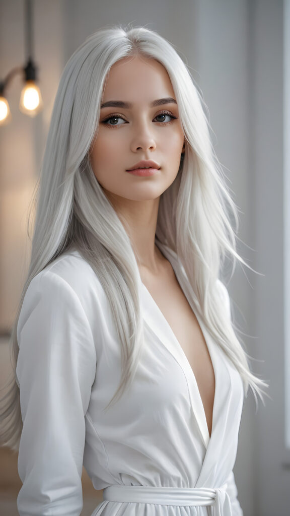 a beautifully drawn (((silver-skinned girl))) with flowing, (((straight platinum hair))), dressed in a timelessly classic style in (((white clothes)))