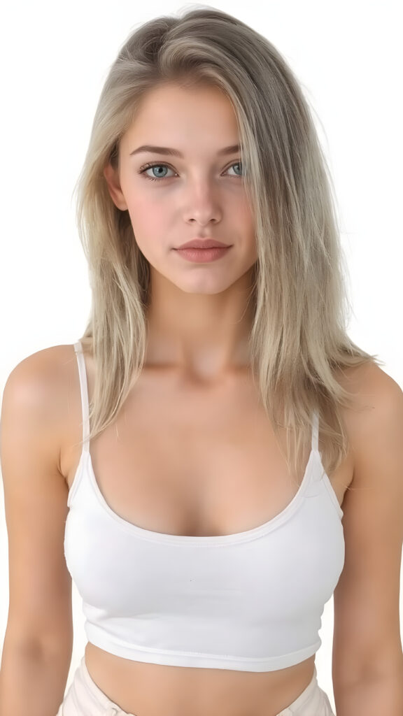 A beautifully drawn (((full body view))), capturing a (((petite well busty teen girl))) with a sleek, ultra-straight (((dark and very pale blonde hair))), dressed in a (((white pale cropped spaghetti tank top, deep neck, paired with white jeans pants))), against a (((pure white backdrop))), she shows off her perfect belly button
