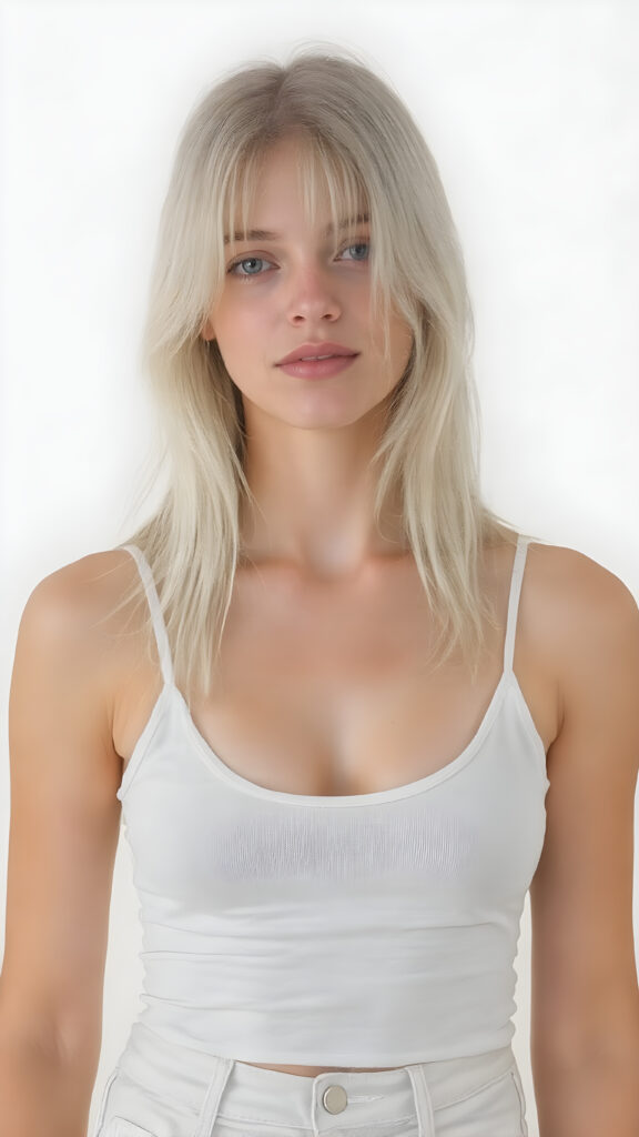 A beautifully drawn (((full body view))), capturing a (((petite teen girl))) with a sleek, ultra-straight (((white and very pale blonde hair))), dressed in a (((white pale spaghetti tank top, deep neck, paired with white jeans pants))), against a (((pure white backdrop)))