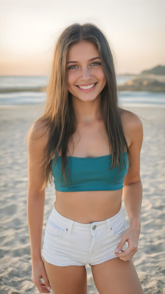 A beautifully detailed (((full body shot))), capturing a (((very happy teen girl))) she has a warm, inviting smile, and sun-kissed skin that gives off a (soft glow). Her (long, straight black hair) cascades down her back, while her ((blue eyes)) sparkle with excitement. She is posed confidently on a sandy beach, enjoying the warm embrace of the sun on her skin. Her ((white denim jean shorts)) are tight-fitting and short, perfectly accentuating her legs. Her ((teal crop top)) is a tight, low cut, perfect for accentuating her toned, sun-kissed skin.