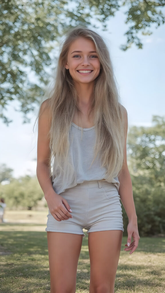 A beautifully drawn (((full body view))), featuring a (((pretty young teen girl))) with straight white teeth and ((perfectly aligned eyes)), dressed in a bright summer day at the park. Her long, flowing white hair cascades down her back, while her slender thighs make her legs stand out against her perfectly proportioned figure. She smiles confidently, with a playful expression that draws attention to her face and perfectly proportioned body, perfectly aligned eyes, and perfectly straight white teeth, the teen is happy and smiling, full body view