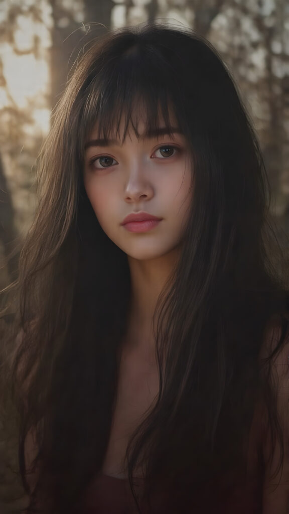 A beautifully drawn (((full body silhouette shot))) of a (((teen girl))) with a slightly (((skinny but athletic build))), featuring (((extra long, flowing obsidian-black hair that extends past her shoulders))) and (((pale skin))), evoking a sense of (((warmth and invitingness))), complemented by (((natural makeup))), (((loose bangs))), and (((a serene expression))) that gives off a feeling of (((being in a misty forest))) where (((the light of the sun shines on her face))), highlighting her delicate features and giving her a whimsically captivating look