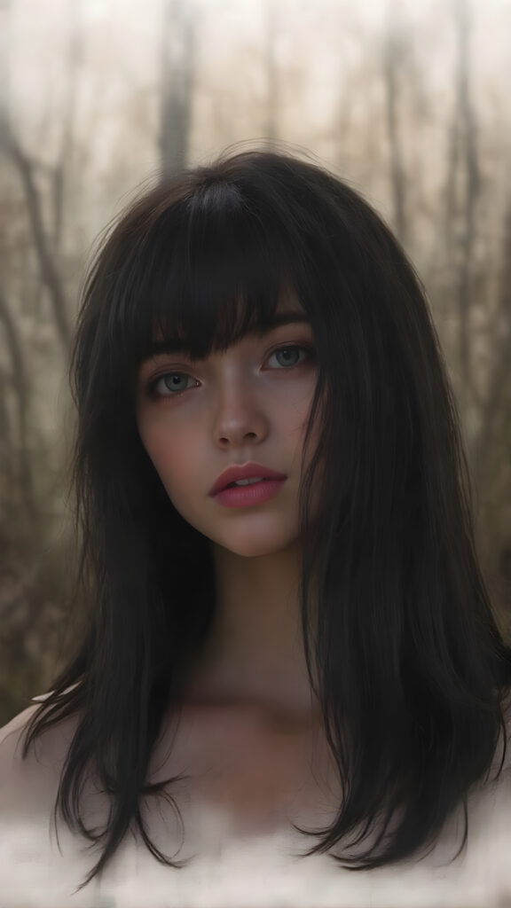 A beautifully drawn (((full body silhouette shot))) of a (((teen girl))) with a slightly (((skinny but athletic build))), featuring (((extra long, flowing obsidian-black hair that extends past her shoulders))) and (((pale skin))), evoking a sense of (((warmth and invitingness))), complemented by (((natural makeup))), (((loose bangs))), and (((a serene expression))) that gives off a feeling of (((being in a misty forest))) where (((the light of the sun shines on her face))), highlighting her delicate features and giving her a whimsically captivating look