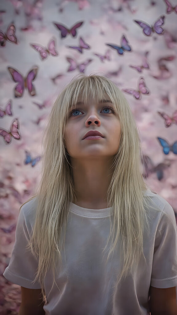 A beautifully drawn (((8K Ultra HD image))), featuring a (((teen girl with long, flowing white straight hair and pale skin))), exuding an ethereal glow that radiates from her face. Her expression is one of wonder and awe, as she stands surrounded by a (((floating, colorful butterfly landscape))), with vibrant butterflies in shades of pink, blue, and purple, all framed by a backdrop of (softly glowing, pastel clouds), she wears a white plain t-shirt, deep neck