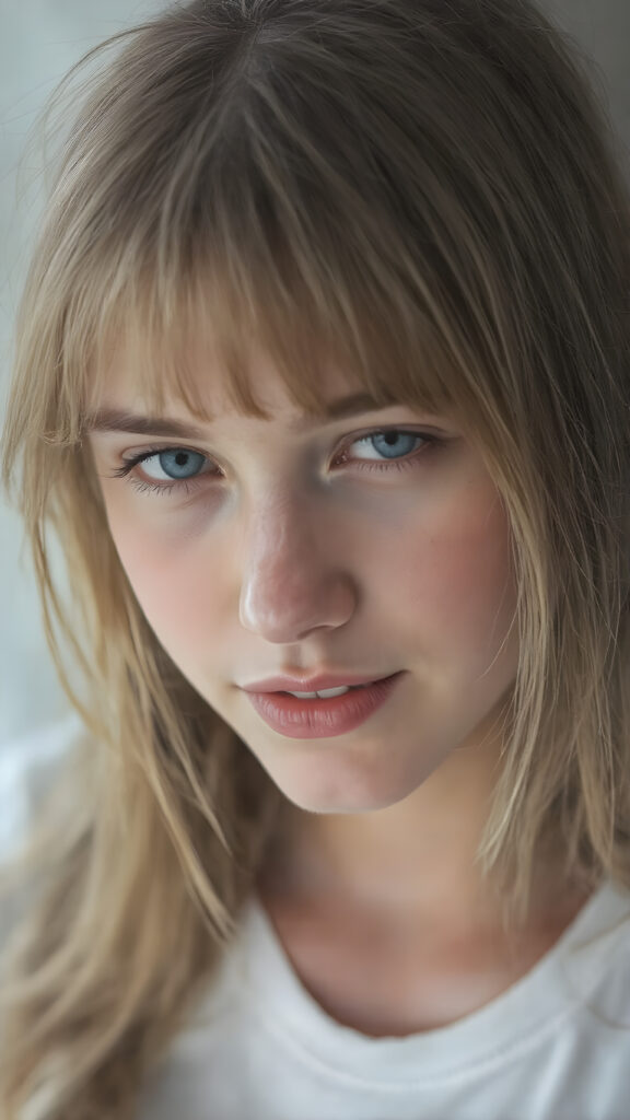 A beautifully (((young cute girlie))), with straight soft long amber hair, deep blue eyes, round face, which accentuates her perfect collarbones, and a seductive smile that captures the viewer's attention. Her flawless silver skin is visible in full detail, as is her slightly parted lips and piercing gaze, which draws the viewer in for an intimate close-up. Her mouth is slightly open, white teeth, she is wearing a white short t-shirt