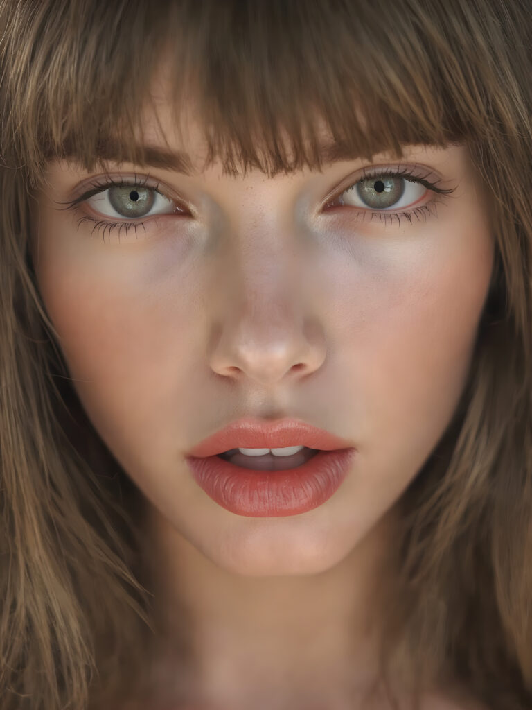 A beautifully facial features of a adult girl, with hyper realistic, ultra high definition skin texture and glossy lipstick-adorned full lips, the scene is captured in a high-resolution, 8K setting, under a soft, diffused light, bangs cut