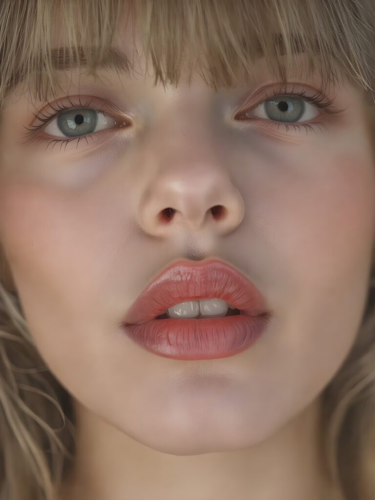 A beautifully facial features of a adult girl, with hyper realistic, ultra high definition skin texture and glossy lipstick-adorned full lips, the scene is captured in a high-resolution, 8K setting, under a soft, diffused light, bangs cut
