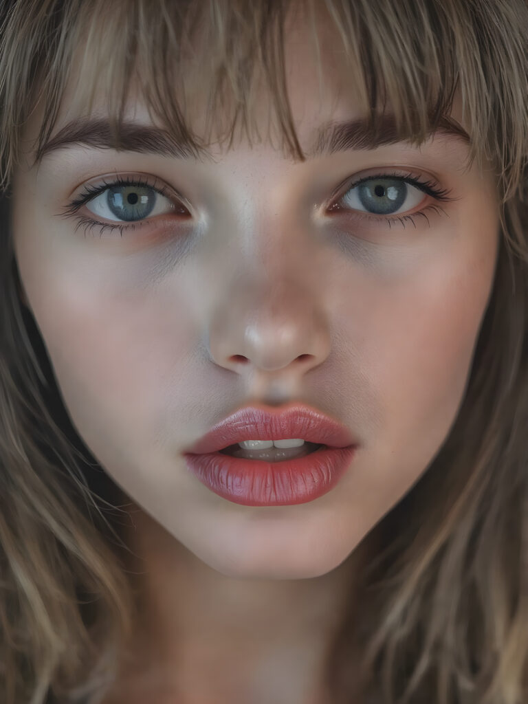 A beautifully facial features of a adult girl, with hyper realistic, ultra high definition skin texture and glossy lipstick-adorned full lips, the scene is captured in a high-resolution, 8K setting, under a soft, diffused light, bangs cut