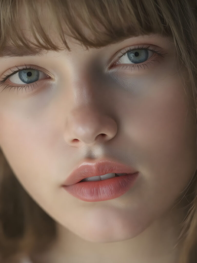 A beautifully facial features of a adult girl, with hyper realistic, ultra high definition skin texture and glossy lipstick-adorned full lips, the scene is captured in a high-resolution, 8K setting, under a soft, diffused light, bangs cut