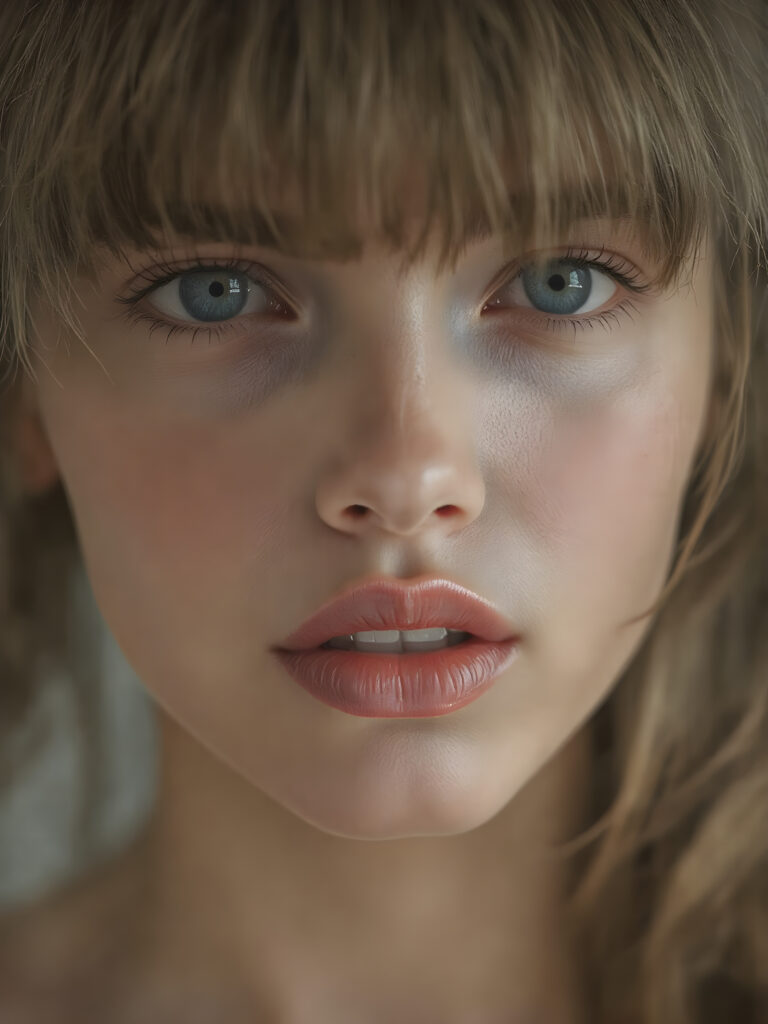 A beautifully facial features of a adult girl, with hyper realistic, ultra high definition skin texture and glossy lipstick-adorned full lips, the scene is captured in a high-resolution, 8K setting, under a soft, diffused light, bangs cut