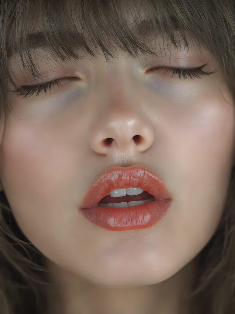 A beautifully facial features of a adult girl, with hyper realistic, ultra high definition skin texture and glossy lipstick-adorned full lips, the scene is captured in a high-resolution, 8K setting, under a soft, diffused light, bangs cut, open mouth and closed eyes