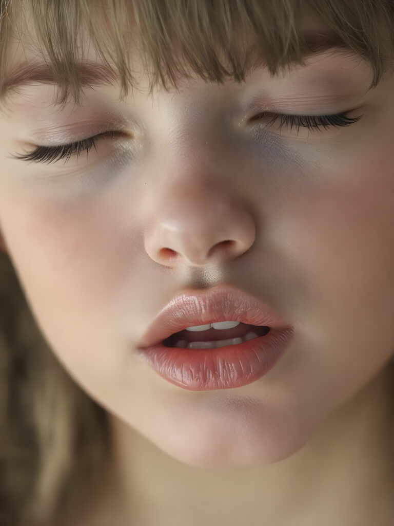 A beautifully facial features of a adult girl, with hyper realistic, ultra high definition skin texture and glossy lipstick-adorned full lips, the scene is captured in a high-resolution, 8K setting, under a soft, diffused light, bangs cut, open mouth and closed eyes