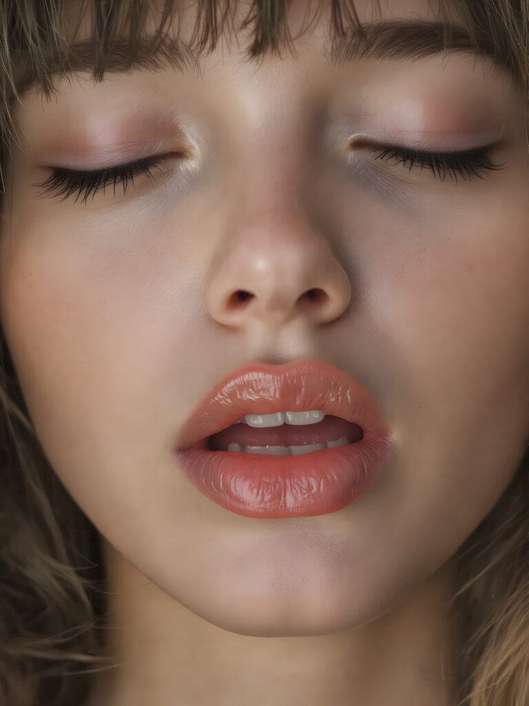 A beautifully facial features of a adult girl, with hyper realistic, ultra high definition skin texture and glossy lipstick-adorned full lips, the scene is captured in a high-resolution, 8K setting, under a soft, diffused light, bangs cut, open mouth and closed eyes