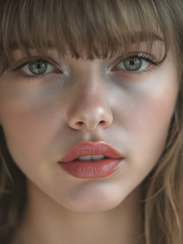 A beautifully facial features of a adult girl, with hyper realistic, ultra high definition skin texture and glossy lipstick-adorned full lips, the scene is captured in a high-resolution, 8K setting, under a soft, diffused light, bangs cut