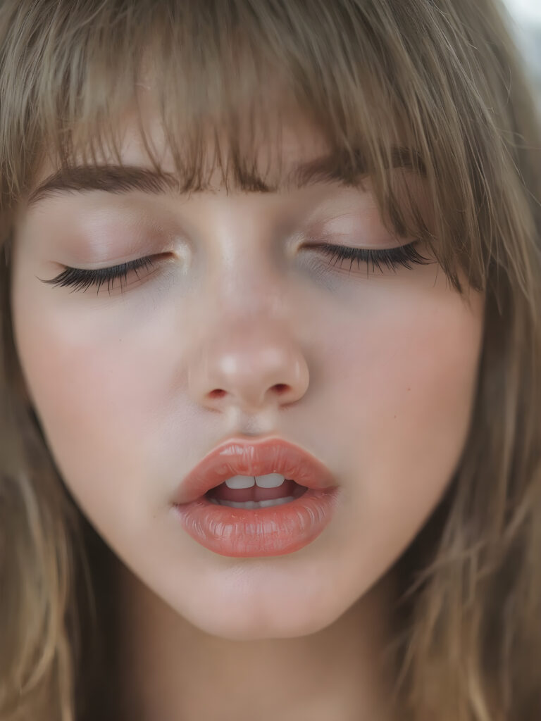 A beautifully facial features of a adult girl, with hyper realistic, ultra high definition skin texture and glossy lipstick-adorned full lips, the scene is captured in a high-resolution, 8K setting, under a soft, diffused light, bangs cut, open mouth and closed eyes