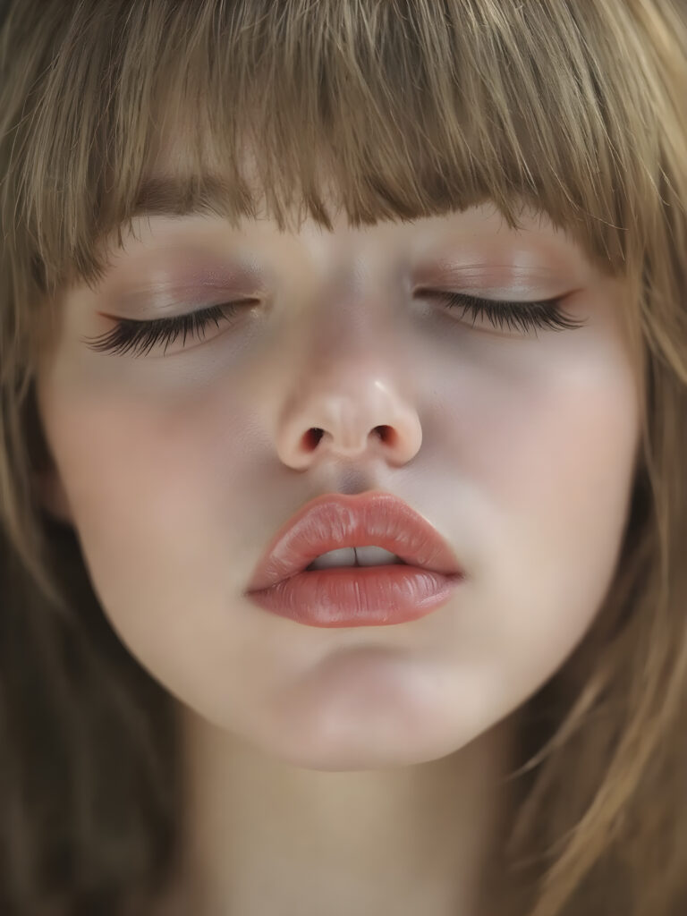 A beautifully facial features of a adult girl, with hyper realistic, ultra high definition skin texture and glossy lipstick-adorned full lips, the scene is captured in a high-resolution, 8K setting, under a soft, diffused light, bangs cut, open mouth and closed eyes