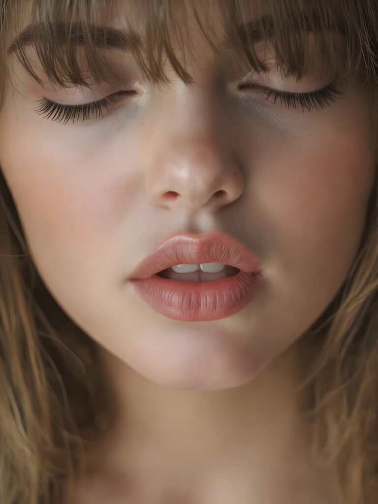A beautifully facial features of a adult girl, with hyper realistic, ultra high definition skin texture and glossy lipstick-adorned full lips, the scene is captured in a high-resolution, 8K setting, under a soft, diffused light, bangs cut, open mouth and closed eyes