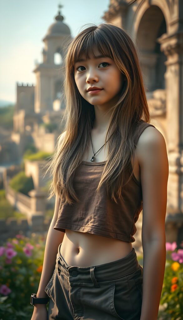 A beautifully realistic portrait of a young girl with light brown long open and full straight hair and blond highlights, bangs and shoulder length bob cut, wearing a brown cropped plain tank top and cargo pants. The scene is set against the backdrop of an ancient city with towering stone structures, lush greenery, and vibrant flowers. The lighting is soft and warm, creating a nostalgic and dreamy atmosphere. The teenager's expression is confident and adventurous, with a subtle smile. The colors are rich and vivid, with a blend of earthy tones and pastel hues. The composition is dynamic, with the teenager standing in the foreground, looking off to the side, and the ancient city unfolding behind them. Fine silver necklace. Small cute round dark belly button.