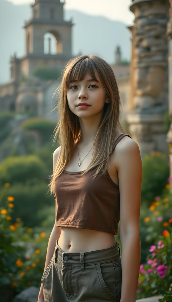 A beautifully realistic portrait of a young girl with light brown long open and full straight hair and blond highlights, bangs and shoulder length bob cut, wearing a brown cropped plain tank top and cargo pants. The scene is set against the backdrop of an ancient city with towering stone structures, lush greenery, and vibrant flowers. The lighting is soft and warm, creating a nostalgic and dreamy atmosphere. The teenager's expression is confident and adventurous, with a subtle smile. The colors are rich and vivid, with a blend of earthy tones and pastel hues. The composition is dynamic, with the teenager standing in the foreground, looking off to the side, and the ancient city unfolding behind them. Fine silver necklace. Small cute round dark belly button.