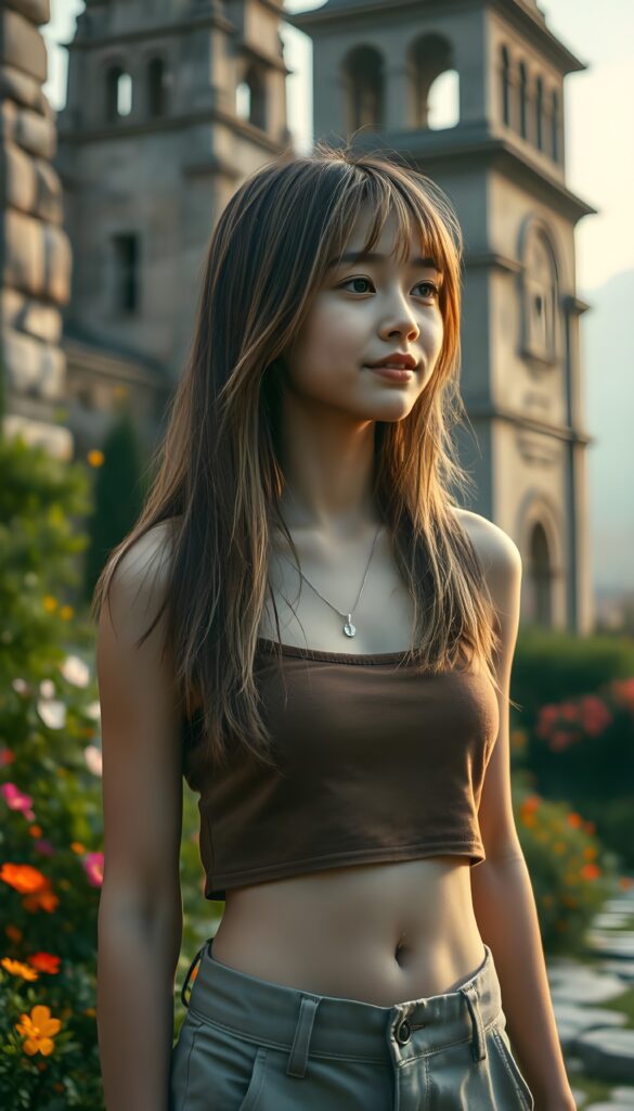 A beautifully realistic portrait of a young girl with light brown long open and full straight hair and blond highlights, bangs and shoulder length bob cut, wearing a brown cropped plain tank top and cargo pants. The scene is set against the backdrop of an ancient city with towering stone structures, lush greenery, and vibrant flowers. The lighting is soft and warm, creating a nostalgic and dreamy atmosphere. The teenager's expression is confident and adventurous, with a subtle smile. The colors are rich and vivid, with a blend of earthy tones and pastel hues. The composition is dynamic, with the teenager standing in the foreground, looking off to the side, and the ancient city unfolding behind them. Fine silver necklace. Small cute round dark belly button.
