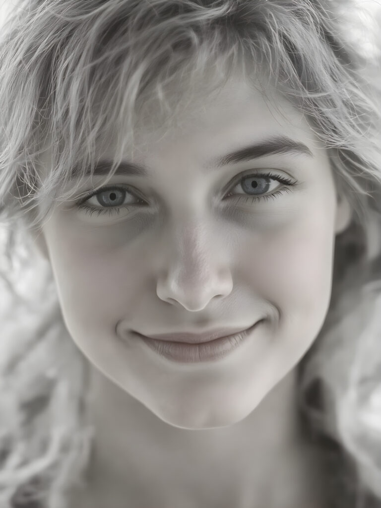 A ((black and white face portrait with a delicate yet defined jawline, reminiscent of an 8K Ultra HD photograph captured with a high-resolution camera)), showcasing a (flawlessly pale complexion) and (hyper-realistic, detailed eyes that convey a sense of innocence and wonder). The face exudes a (soft, natural glow) that gives off a (subtle, ethereal beauty). The (((hair, gently tousled by the breeze))) cascades down her back in (soft, gentle curls) that mimic the (detailed textures of the surroundings) ((full view)) with a ((perfect, balanced smile)) that captures her natural beauty