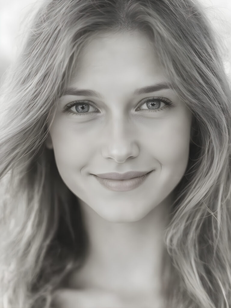 A ((black and white face portrait with a delicate yet defined jawline, reminiscent of an 8K Ultra HD photograph captured with a high-resolution camera)), showcasing a (flawlessly pale complexion) and (hyper-realistic, detailed eyes that convey a sense of innocence and wonder). The face exudes a (soft, natural glow) that gives off a (subtle, ethereal beauty). The (((hair, gently tousled by the breeze))) cascades down her back in (soft, gentle curls) that mimic the (detailed textures of the surroundings) ((full view)) with a ((perfect, balanced smile)) that captures her natural beauty