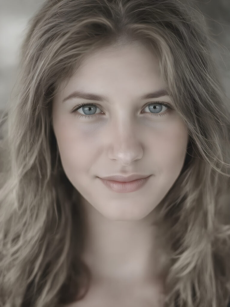 A ((black and white face portrait with a delicate yet defined jawline, reminiscent of an 8K Ultra HD photograph captured with a high-resolution camera)), showcasing a (flawlessly pale complexion) and (hyper-realistic, detailed eyes that convey a sense of innocence and wonder). The face exudes a (soft, natural glow) that gives off a (subtle, ethereal beauty). The (((hair, gently tousled by the breeze))) cascades down her back in (soft, gentle curls) that mimic the (detailed textures of the surroundings) ((full view)) with a ((perfect, balanced smile)) that captures her natural beauty