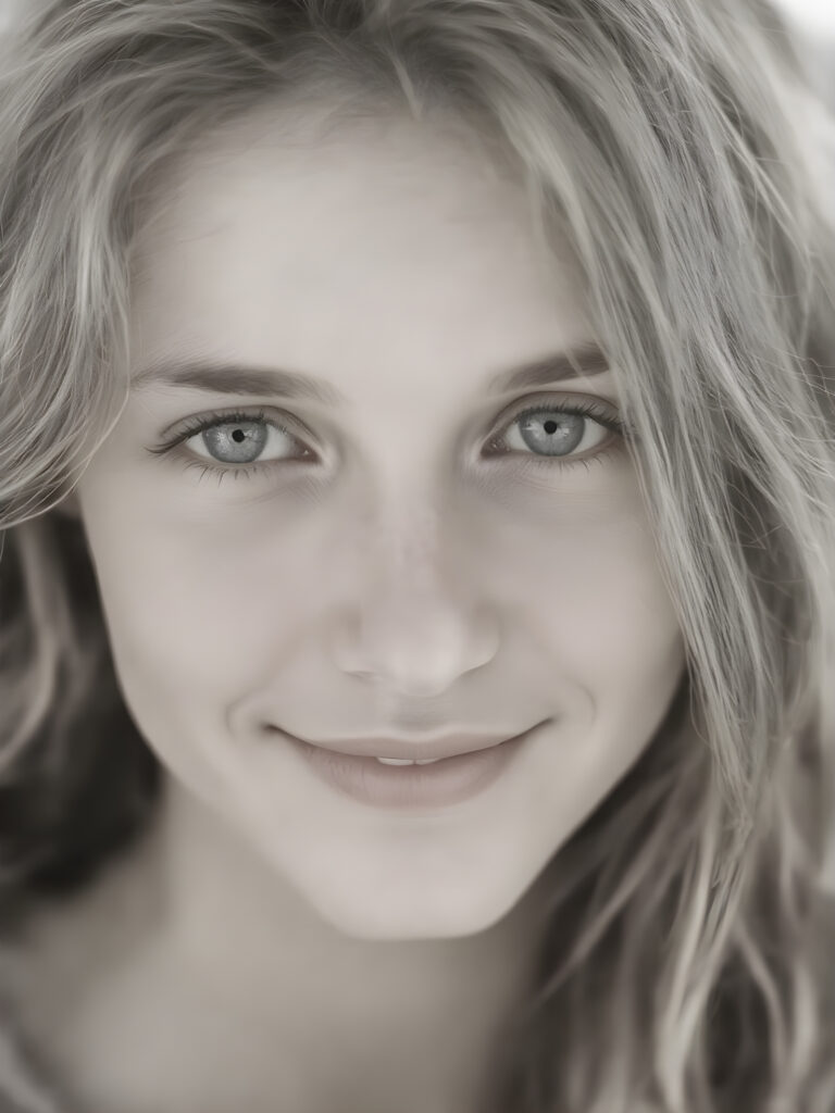 A ((black and white face portrait with a delicate yet defined jawline, reminiscent of an 8K Ultra HD photograph captured with a high-resolution camera)), showcasing a (flawlessly pale complexion) and (hyper-realistic, detailed eyes that convey a sense of innocence and wonder). The face exudes a (soft, natural glow) that gives off a (subtle, ethereal beauty). The (((hair, gently tousled by the breeze))) cascades down her back in (soft, gentle curls) that mimic the (detailed textures of the surroundings) ((full view)) with a ((perfect, balanced smile)) that captures her natural beauty