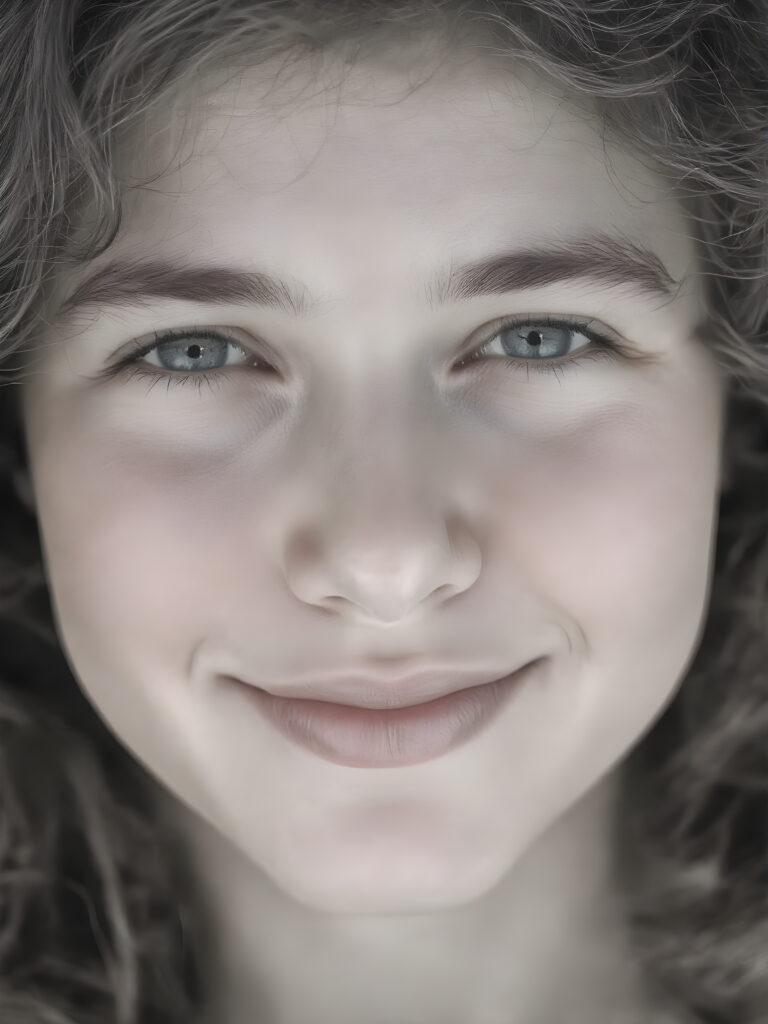 A ((black and white face portrait with a delicate yet defined jawline, reminiscent of an 8K Ultra HD photograph captured with a high-resolution camera)), showcasing a (flawlessly pale complexion) and (hyper-realistic, detailed eyes that convey a sense of innocence and wonder). The face exudes a (soft, natural glow) that gives off a (subtle, ethereal beauty). The (((hair, gently tousled by the breeze))) cascades down her back in (soft, gentle curls) that mimic the (detailed textures of the surroundings) ((full view)) with a ((perfect, balanced smile)) that captures her natural beauty