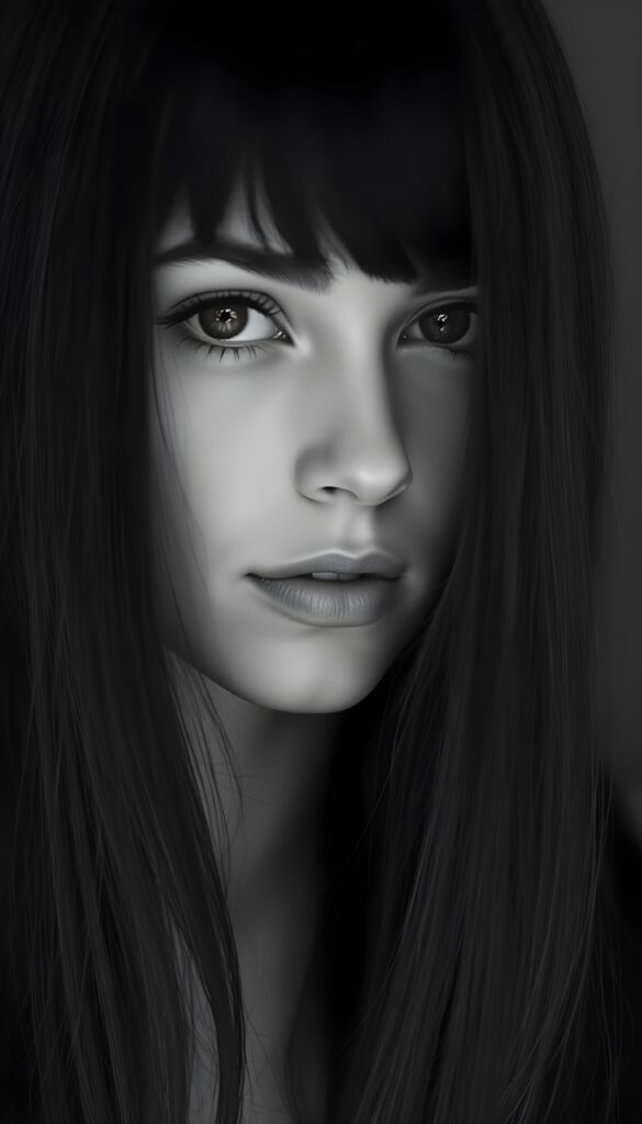 A black-and-white photograph shows an enchantingly beautiful young woman with fine black hair that falls elegantly over her shoulders like a waterfall. Bangs cut. She has full, luscious lips, brown, detailed doe eyes with long eyelashes, a seductive gaze, and flawless skin.