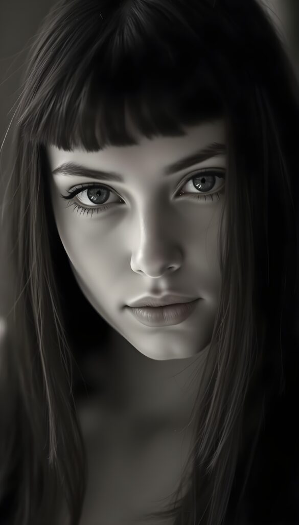 A black-and-white photograph shows an enchantingly beautiful young woman with fine black hair that falls elegantly over her shoulders like a waterfall. Bangs cut. She has full, luscious lips, brown, detailed doe eyes with long eyelashes, a seductive gaze, and flawless skin.