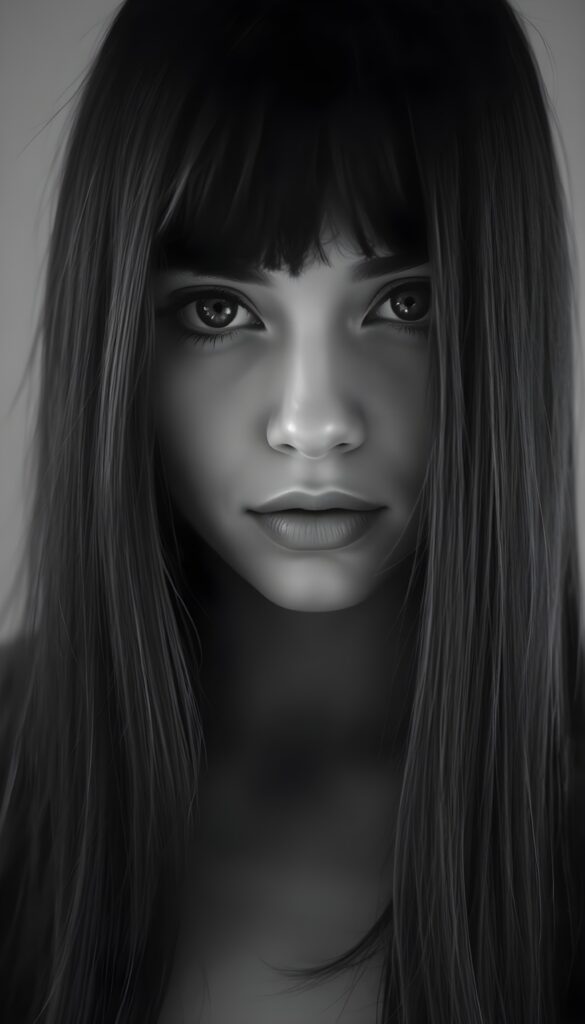 A black-and-white photograph shows an enchantingly beautiful young woman with fine black hair that falls elegantly over her shoulders like a waterfall. Bangs cut. She has full, luscious lips, brown, detailed doe eyes with long eyelashes, a seductive gaze, and flawless skin.
