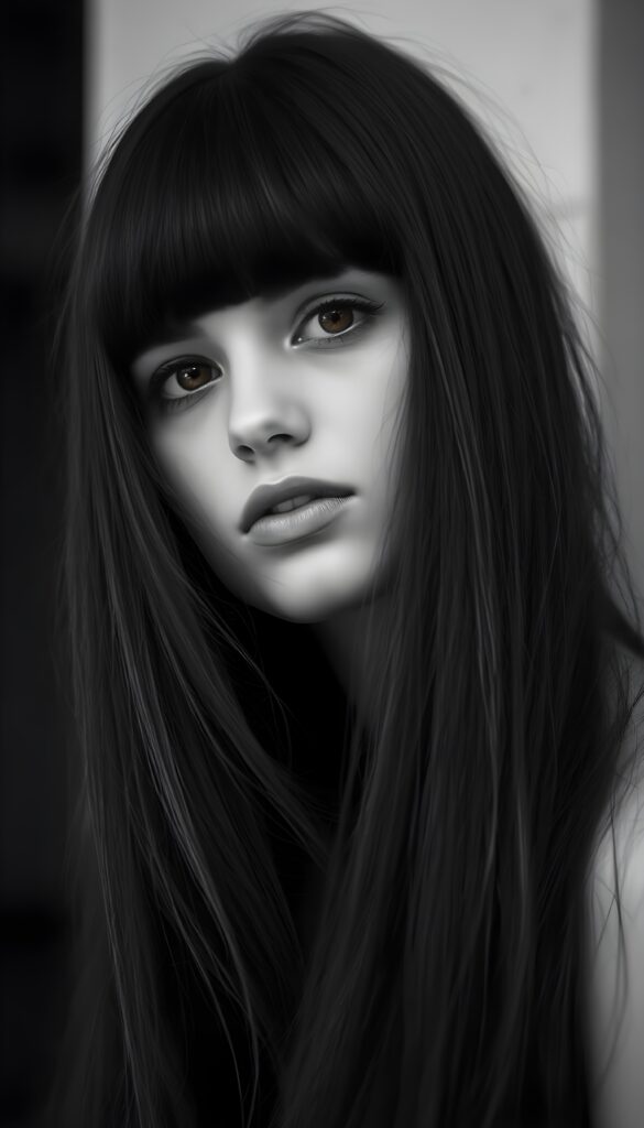 A black-and-white photograph shows an enchantingly beautiful young woman with fine black hair that falls elegantly over her shoulders like a waterfall. Bangs cut. She has full, luscious lips, brown, detailed doe eyes with long eyelashes, a seductive gaze, and flawless skin.