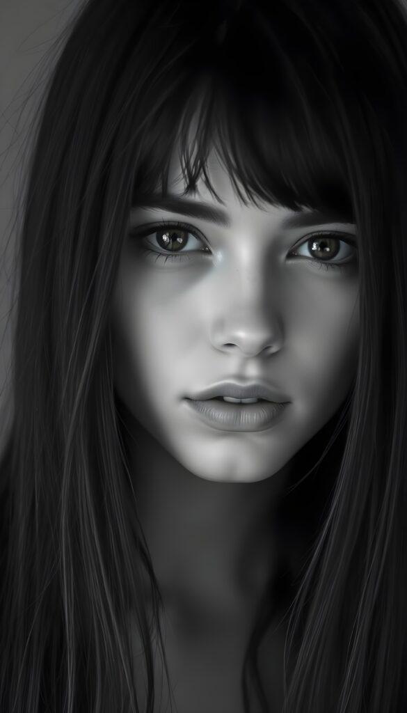 A black-and-white photograph shows an enchantingly beautiful young woman with fine black hair that falls elegantly over her shoulders like a waterfall. Bangs cut. She has full, luscious lips, brown, detailed doe eyes with long eyelashes, a seductive gaze, and flawless skin.