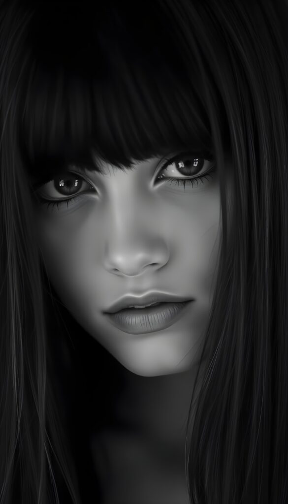 A black-and-white photograph shows an enchantingly beautiful young woman with fine black hair that falls elegantly over her shoulders like a waterfall. Bangs cut. She has full, luscious lips, brown, detailed doe eyes with long eyelashes, a seductive gaze, and flawless skin.