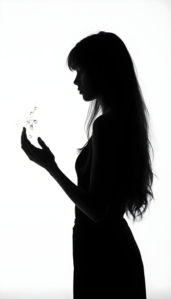 A (((black silhouette of a girl's figure with long hair))), its outline standing out against a (((pure white backdrop))), as if poised in midair. her hands creates a (((shimmering spell of magic))), emitting a soft, twilight glow, fantasy, magic, splashes of water