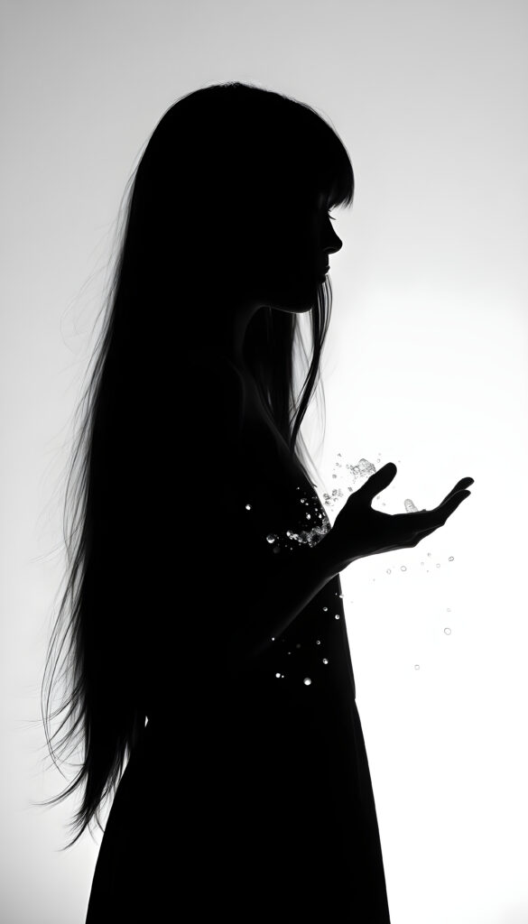 A (((black silhouette of a girl's figure with long hair))), its outline standing out against a (((pure white backdrop))), as if poised in midair. her hands creates a (((shimmering spell of magic))), emitting a soft, twilight glow, fantasy, magic, splashes of water