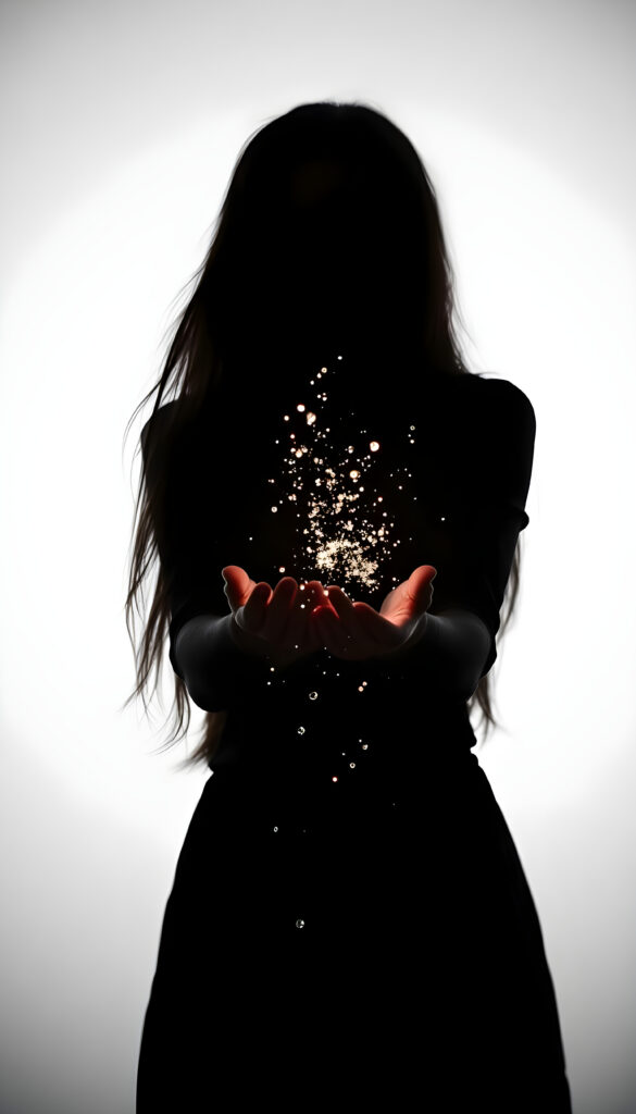 A (((black silhouette of a girl's figure with long hair))), its outline standing out against a (((pure white backdrop))), as if poised in midair. her hands creates a (((shimmering spell of magic))), emitting a soft, twilight glow, fantasy, magic, splashes of water