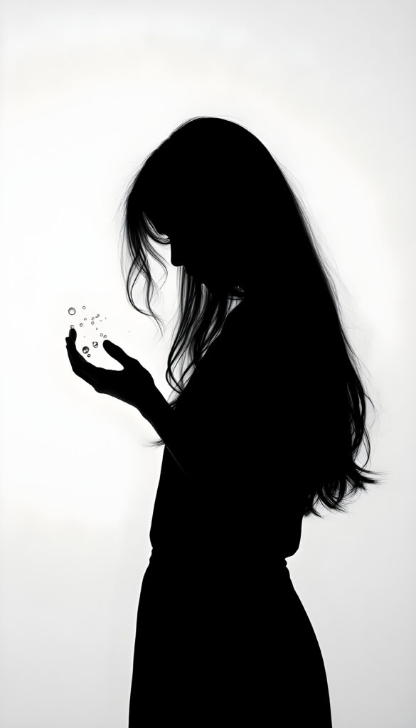 A (((black silhouette of a girl's figure with long hair))), its outline standing out against a (((pure white backdrop))), as if poised in midair. her hands creates a (((shimmering spell of magic))), emitting a soft, twilight glow, fantasy, magic, splashes of water