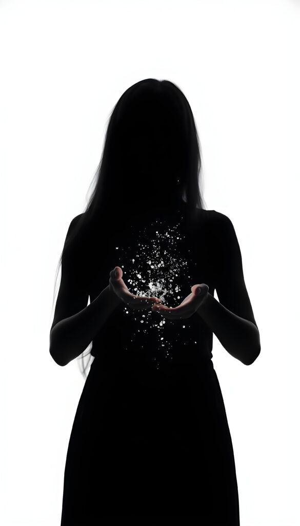 A (((black silhouette of a girl's figure with long hair))), its outline standing out against a (((pure white backdrop))), as if poised in midair. her hands creates a (((shimmering spell of magic))), emitting a soft, twilight glow, fantasy, magic, splashes of water